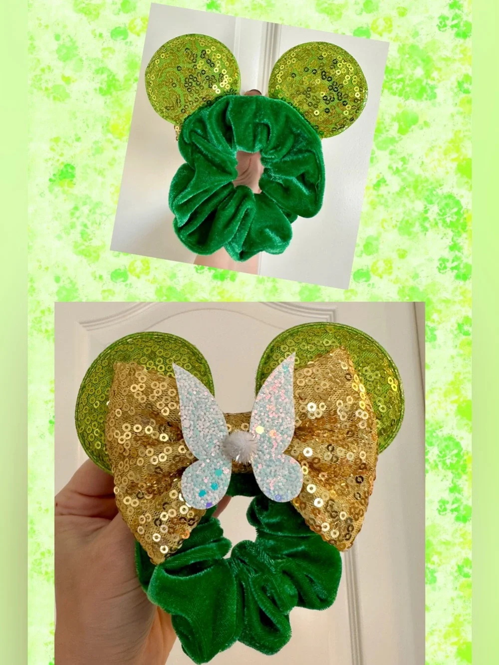 Tinker Bell Minnie Mouse Ears Sequined Scrunchie with Bow and Fairy Wings